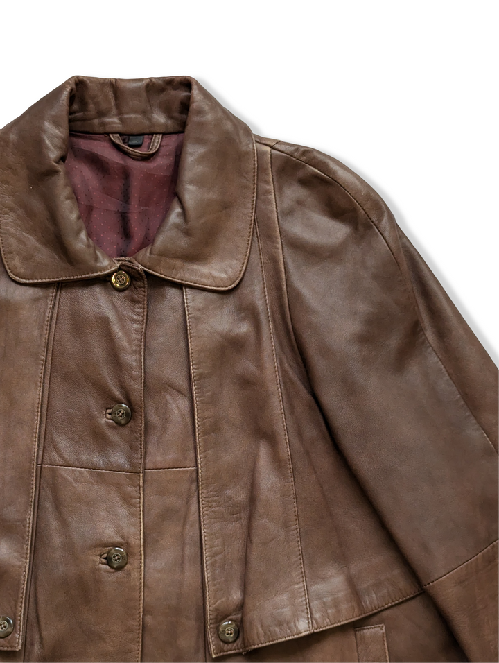 Vintage Brown Leather Long Trench Coat - M