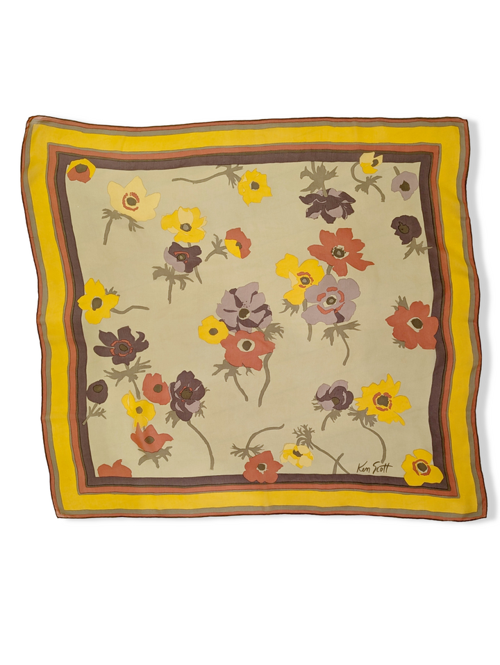 Vintage Mustard and Cream Flower Print Silk Scarf