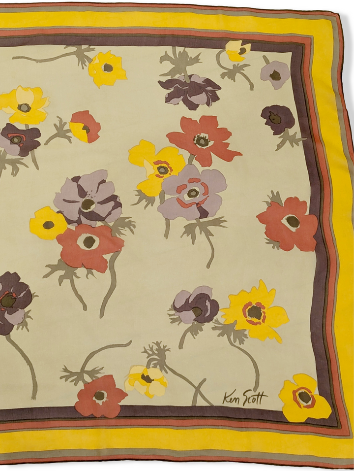 Vintage Mustard and Cream Flower Print Silk Scarf