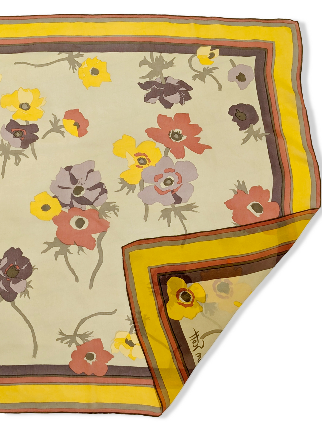 Vintage Mustard and Cream Flower Print Silk Scarf