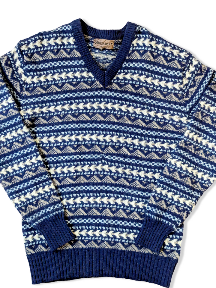 Vintage Dark Blue Pure Wool Fair Isle Knitted Jumper - XS