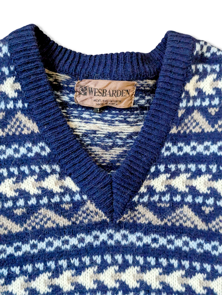 Vintage Dark Blue Pure Wool Fair Isle Knitted Jumper - XS