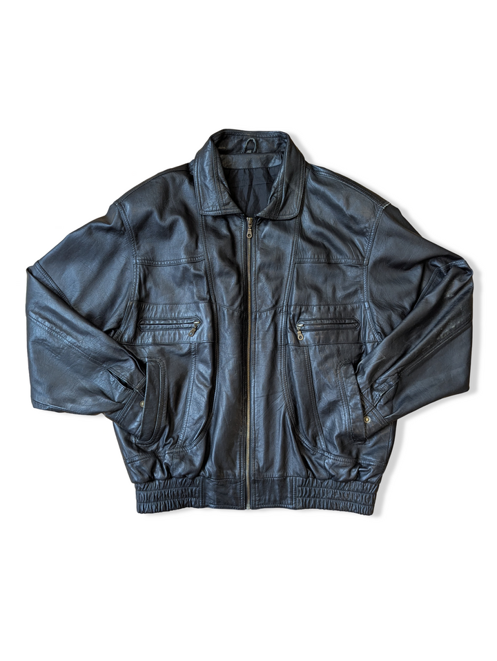 Vintage Black Leather Bomber Jacket - L