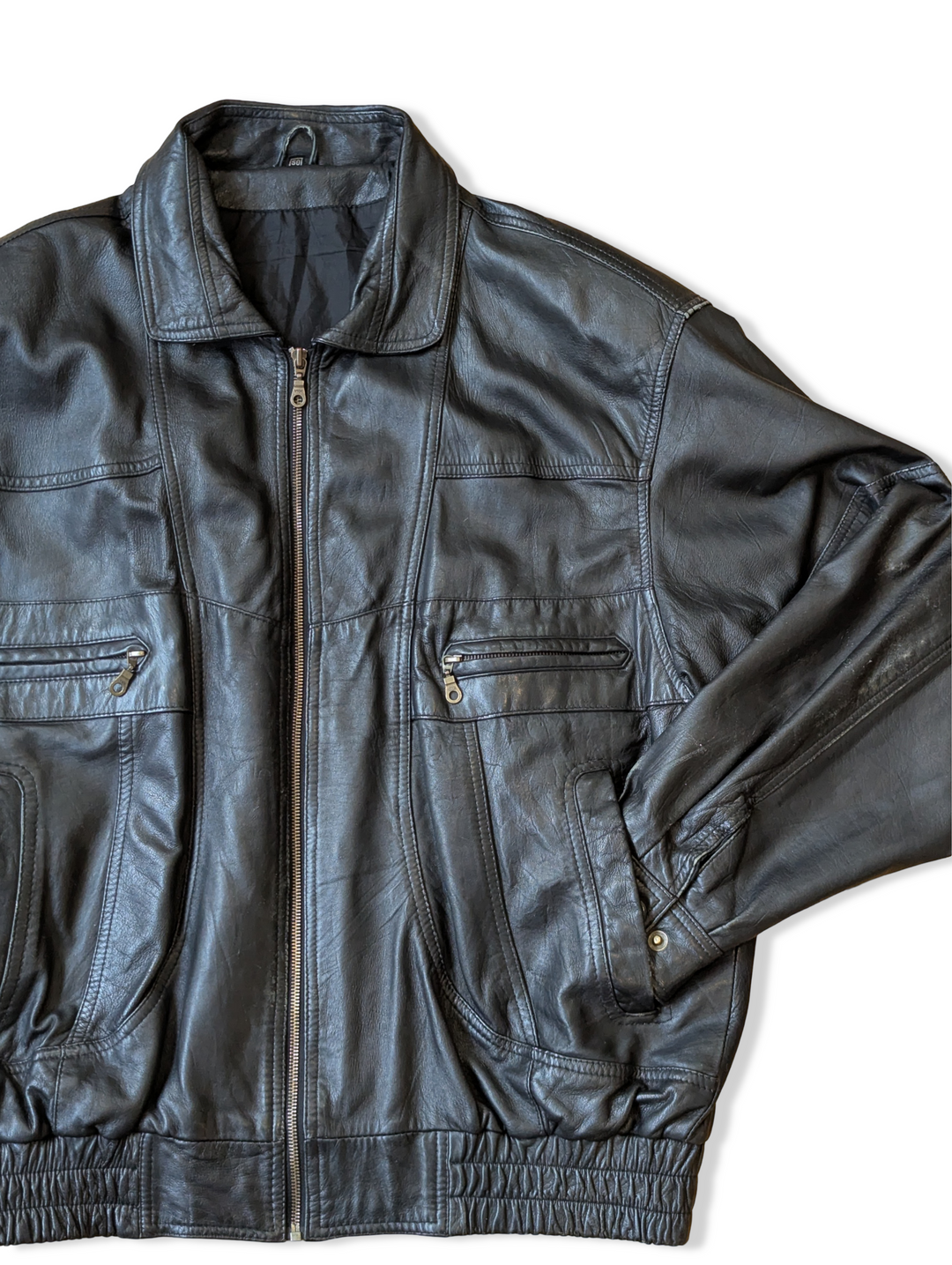 Vintage Black Leather Bomber Jacket - L