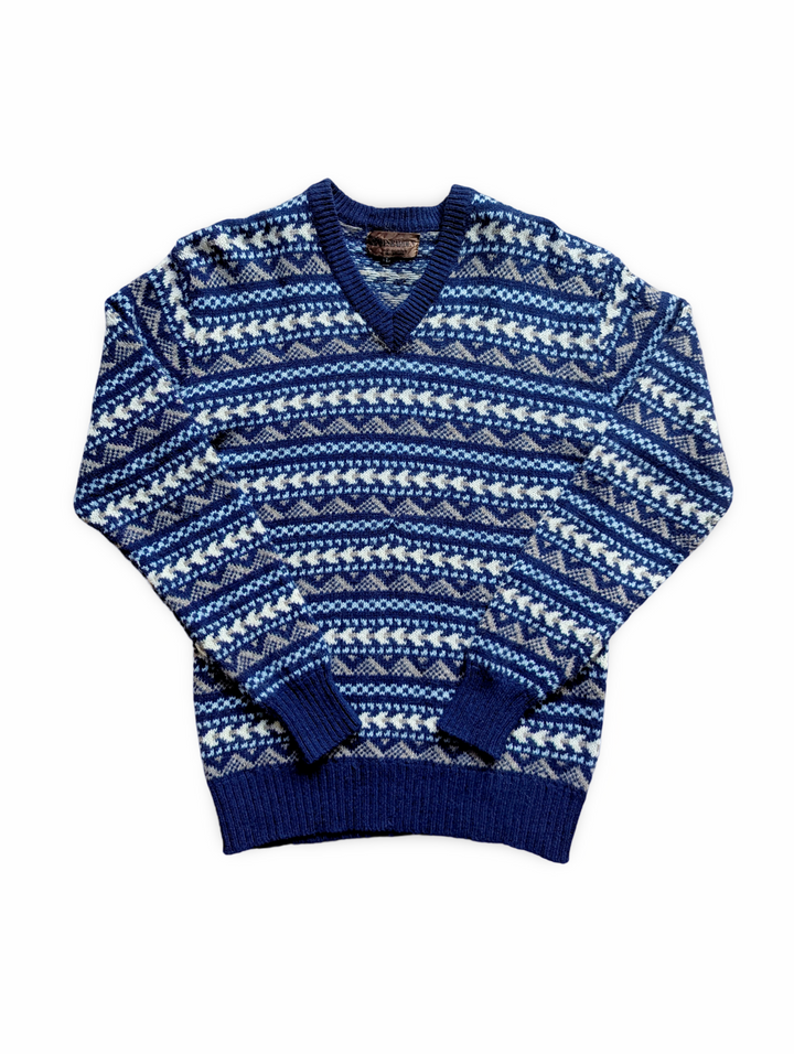 Vintage Dark Blue Pure Wool Fair Isle Knitted Jumper - XS