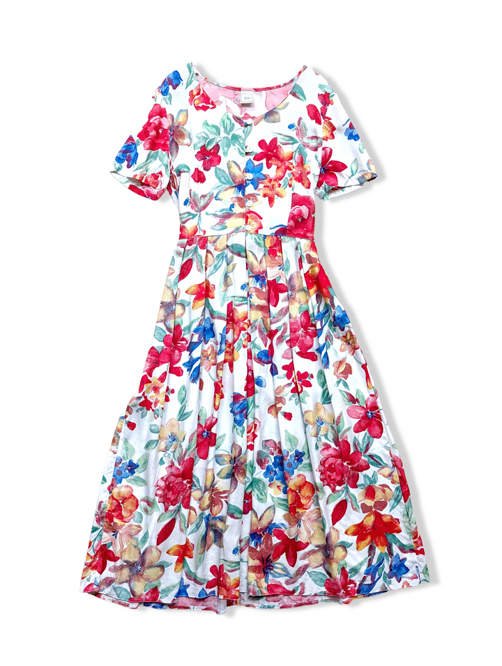 Vintage Bold Floral Print Midi Dress - M/L