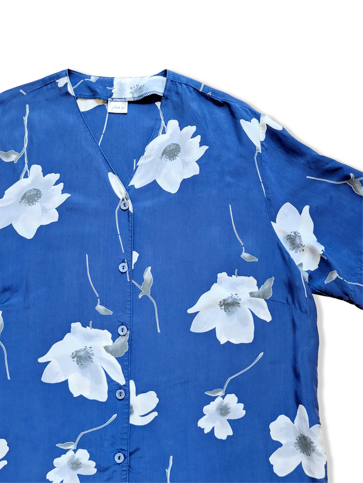 Vintage Purple Floral Print Button Up Blouse - XXL