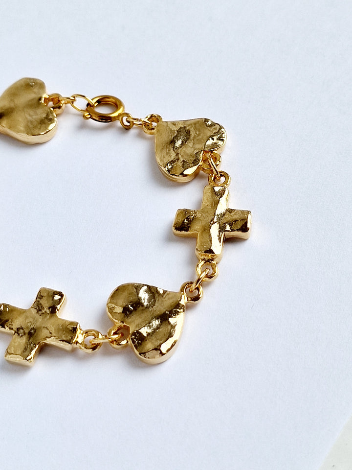 Vintage Gold Plated Chunky Cross & Heart Chain Bracelet