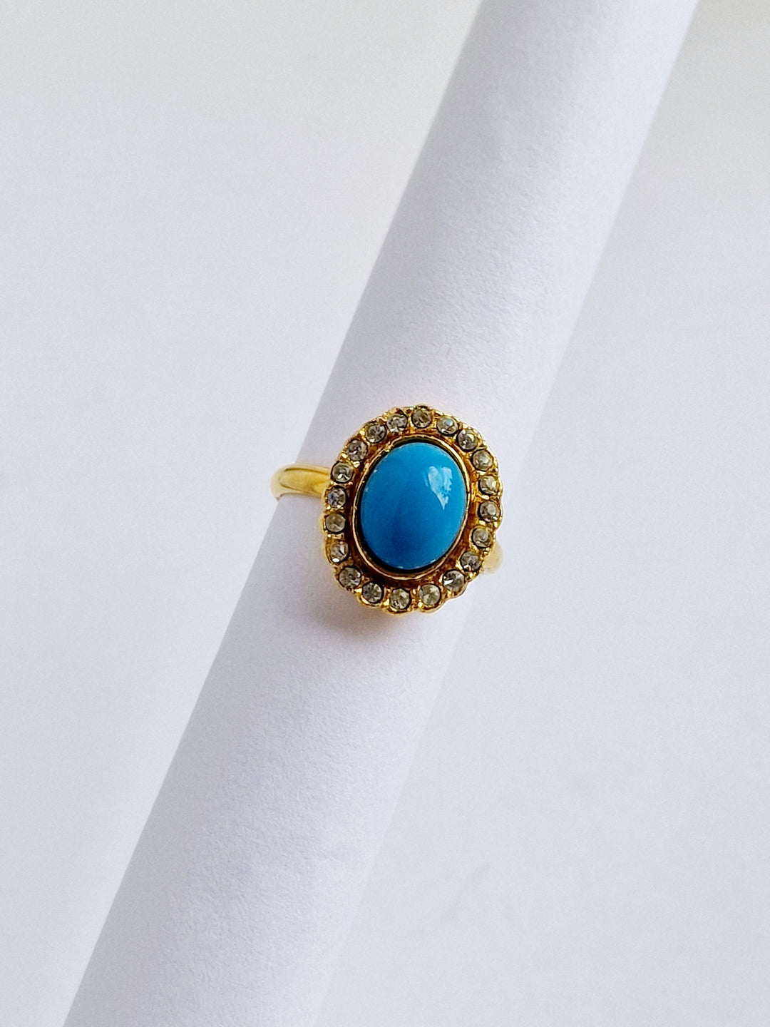 Vintage Gold Plated Faux Turquoise Oval Cocktail Ring with Crystals