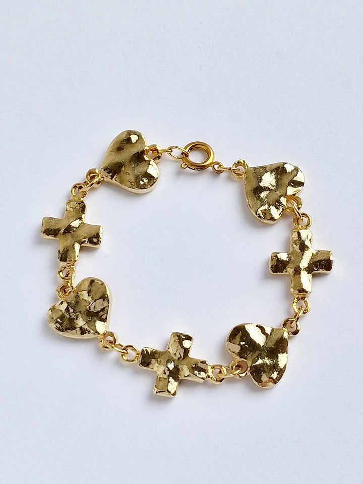 Vintage Gold Plated Chunky Cross & Heart Chain Bracelet