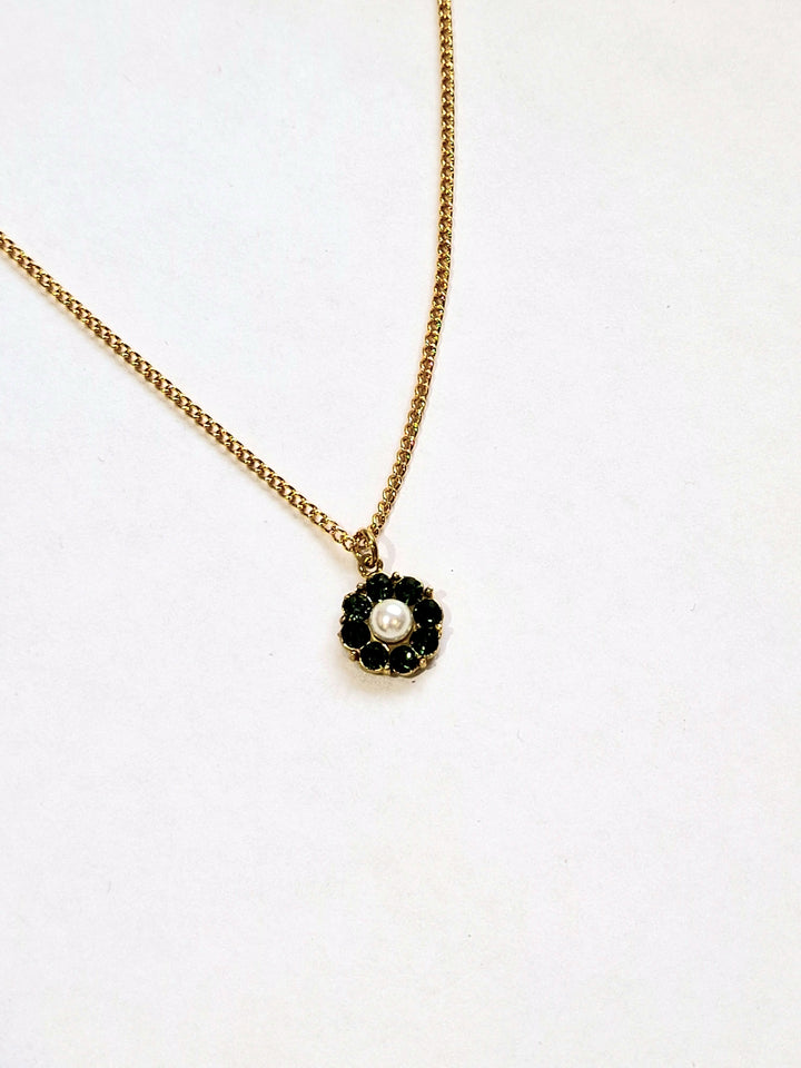Vintage Gold Plated Chain Necklace with Pearl & Green Crystal Charm