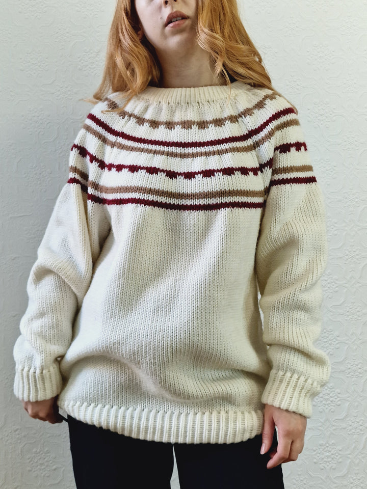 Vintage 80s Cream Icelandic Style Jumper with Crew Neck - L