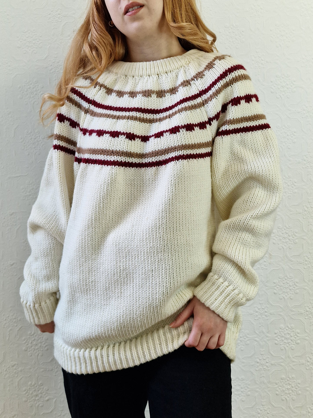 Vintage 80s Cream Icelandic Style Jumper with Crew Neck - L