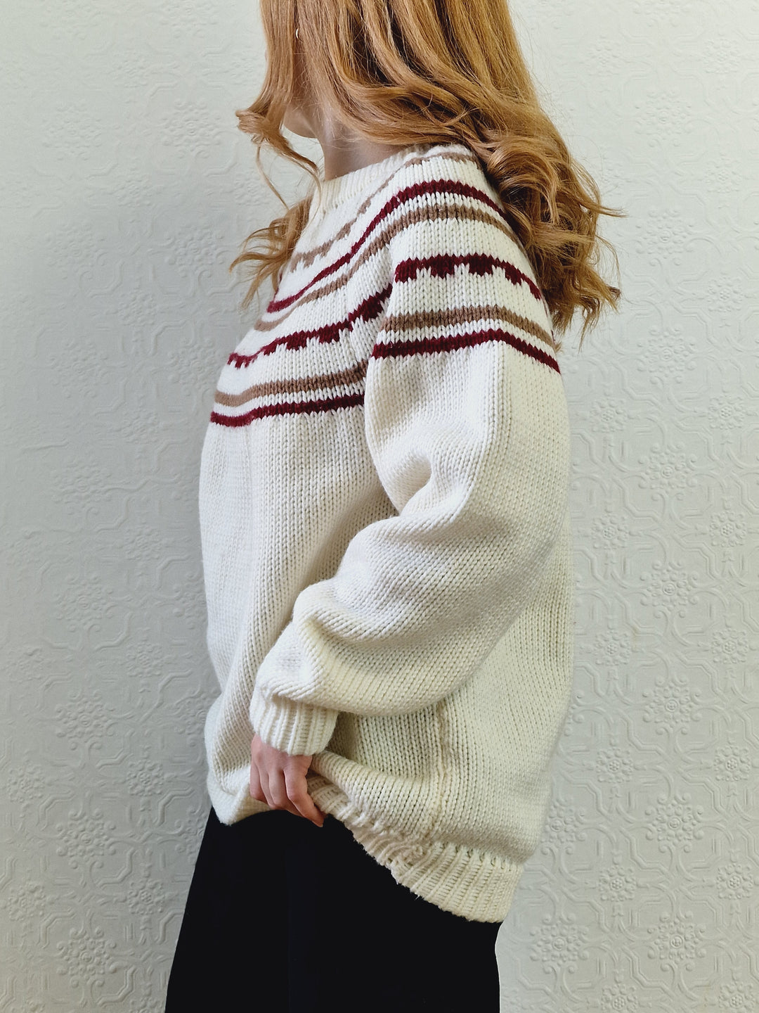 Vintage 80s Cream Icelandic Style Jumper with Crew Neck - L