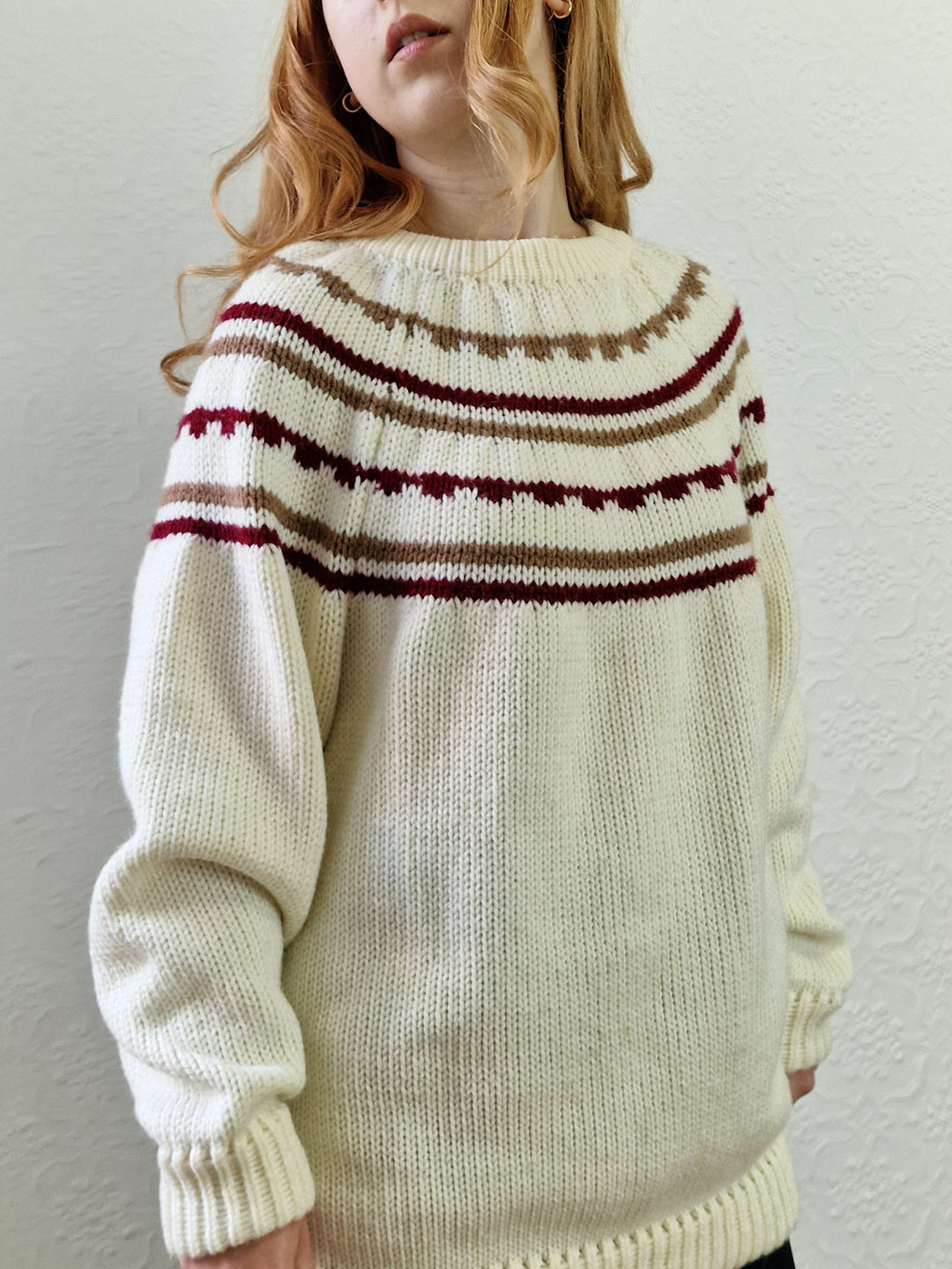 Vintage 80s Cream Icelandic Style Jumper with Crew Neck - L