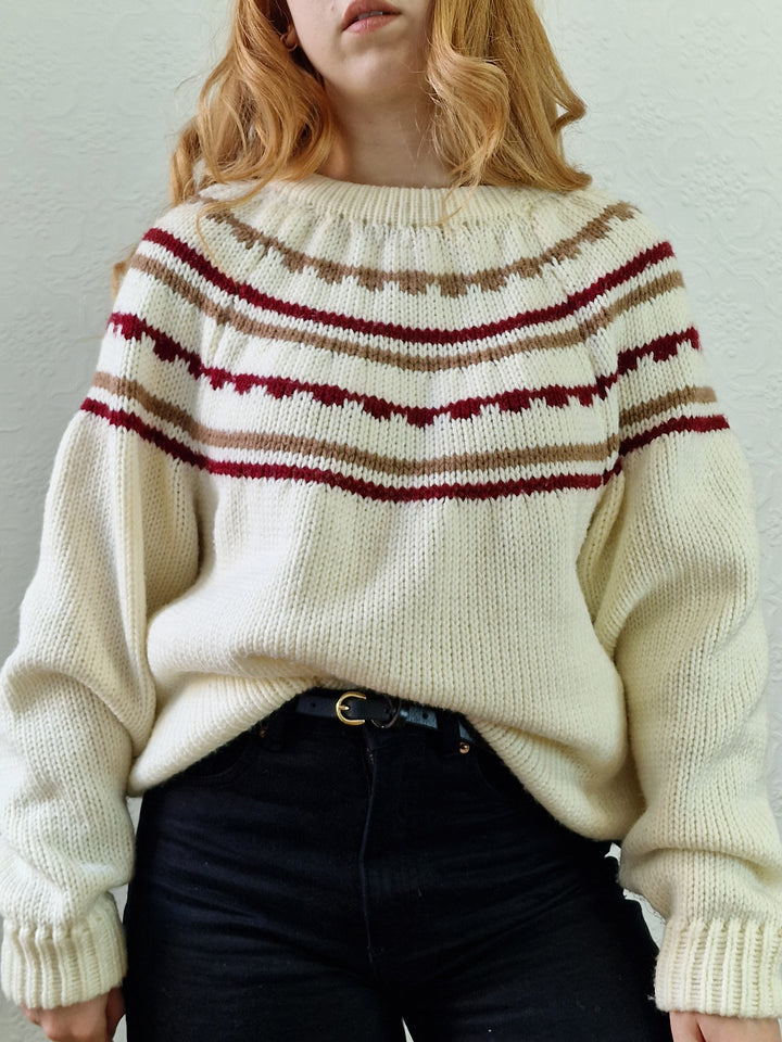 Vintage 80s Cream Icelandic Style Jumper with Crew Neck - L