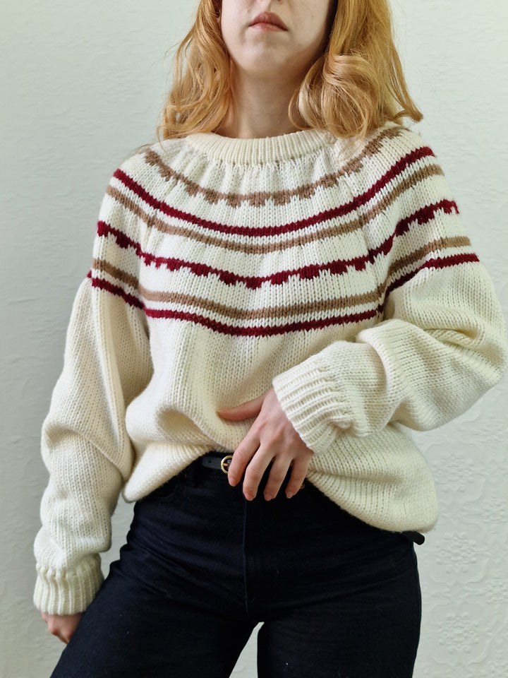 Vintage 80s Cream Icelandic Style Jumper with Crew Neck - L