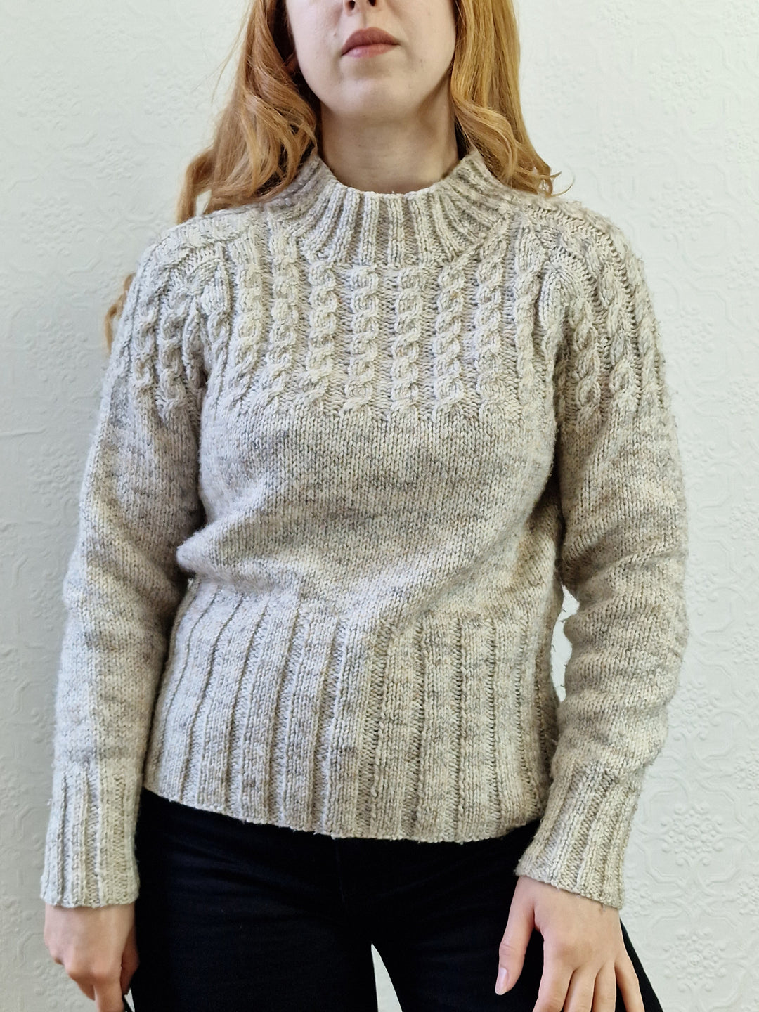 Vintage 90s Grey Wool High Neck Handknitted Aran Jumper - S