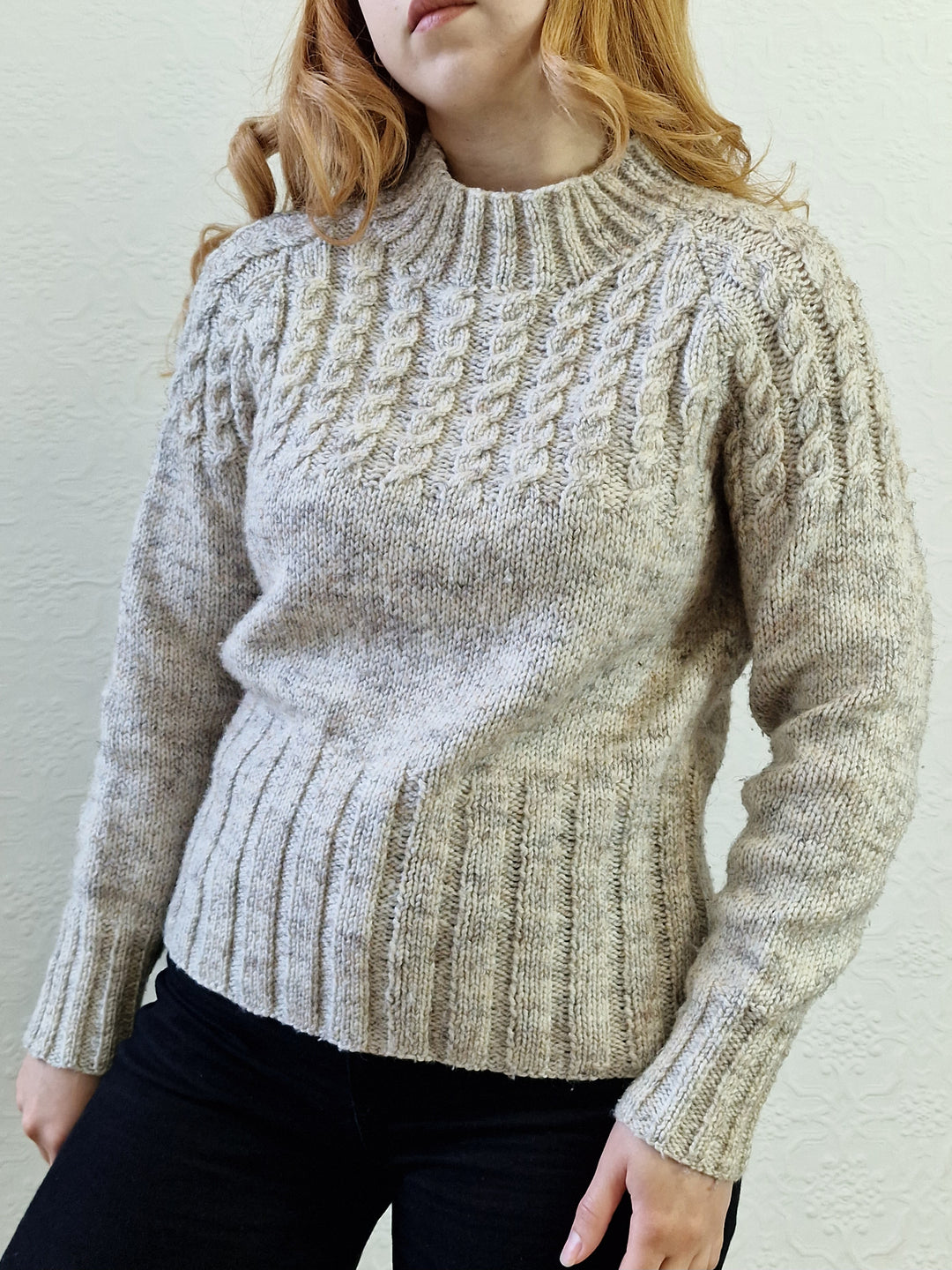 Vintage 90s Grey Wool High Neck Handknitted Aran Jumper - S