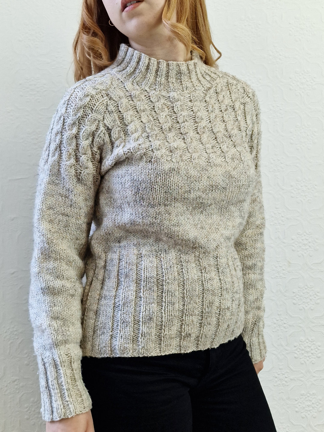 Vintage 90s Grey Wool High Neck Handknitted Aran Jumper - S