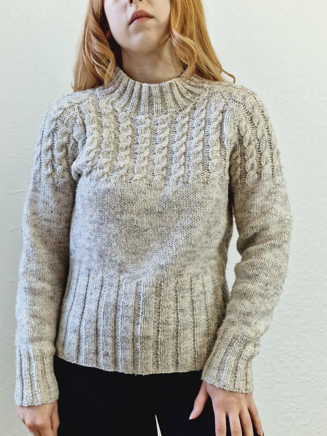 Vintage 90s Grey Wool High Neck Handknitted Aran Jumper - S