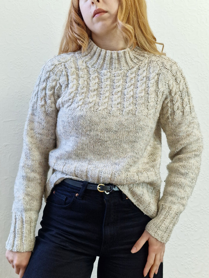 Vintage 90s Grey Wool High Neck Handknitted Aran Jumper - S