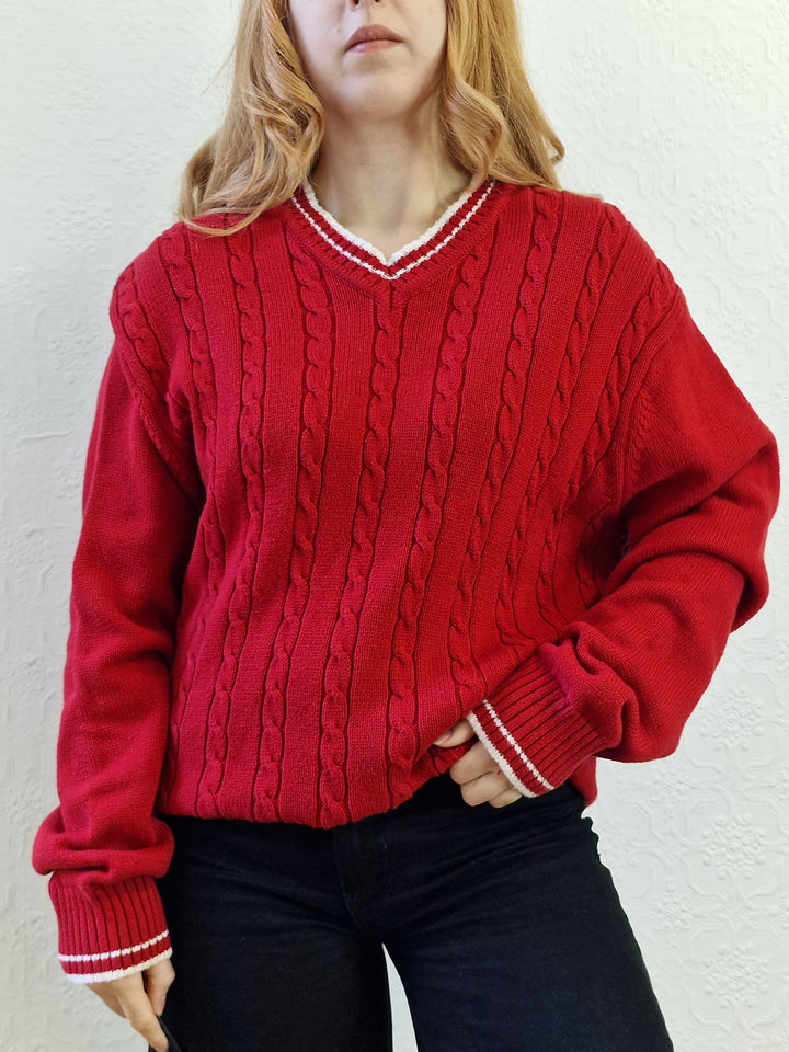 Vintage Cotton Cable Knit Red Jumper with V Neck - L