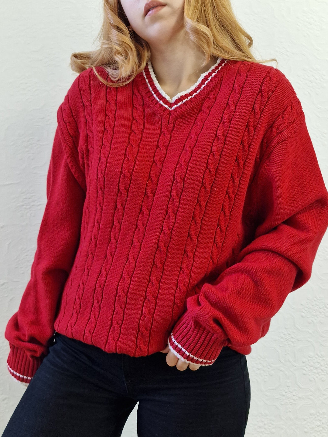 Vintage Cotton Cable Knit Red Jumper with V Neck - L