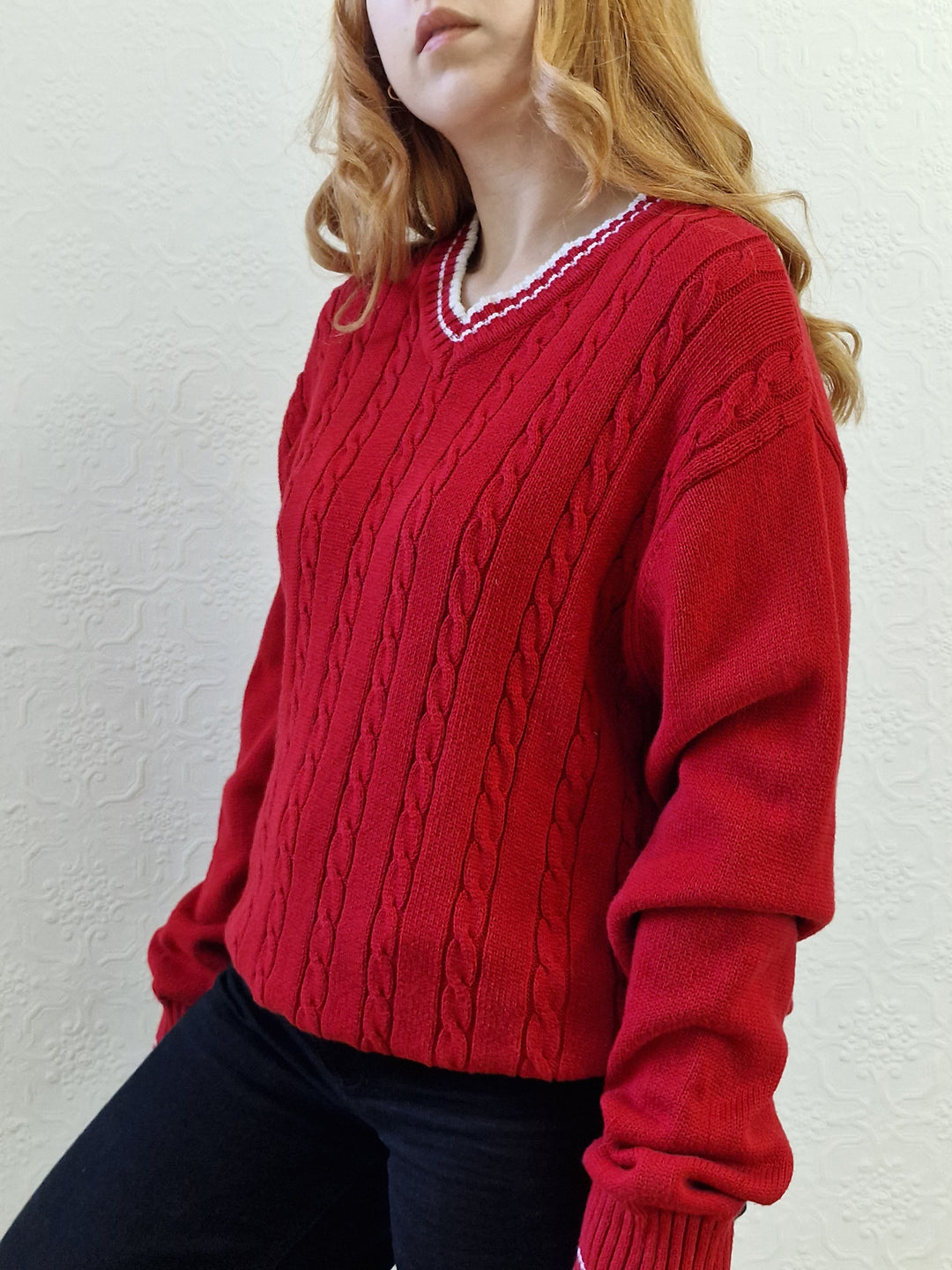 Vintage Cotton Cable Knit Red Jumper with V Neck - L