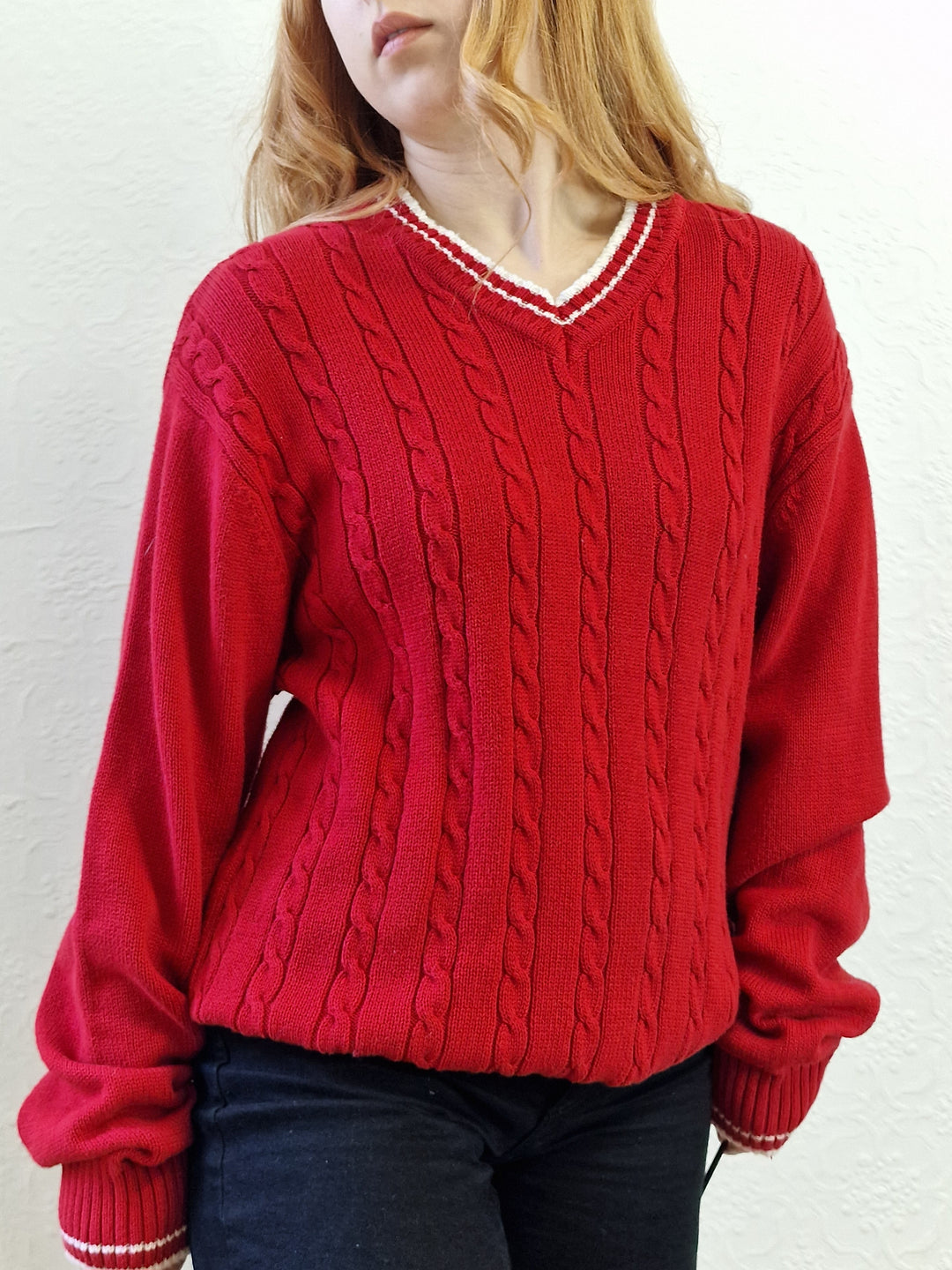 Vintage Cotton Cable Knit Red Jumper with V Neck - L