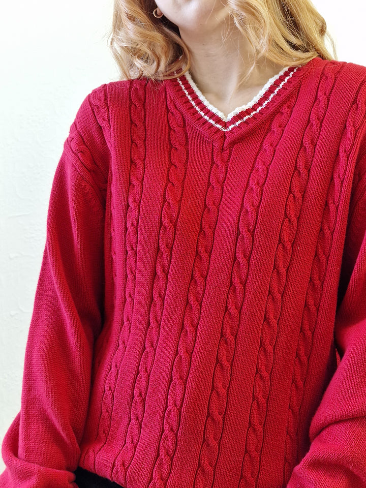 Vintage Cotton Cable Knit Red Jumper with V Neck - L