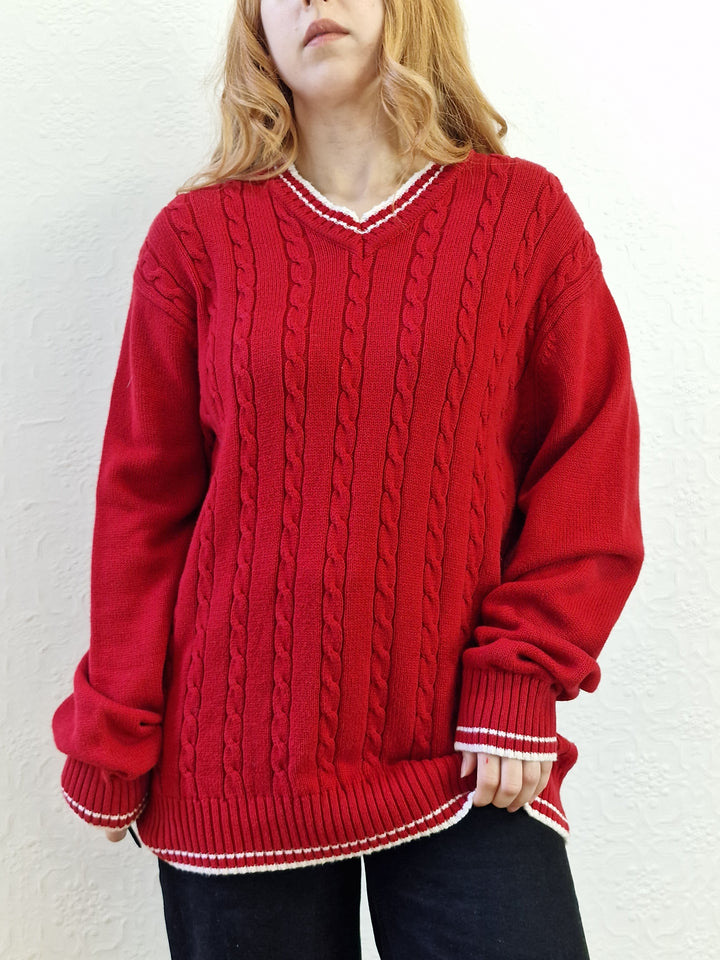 Vintage Cotton Cable Knit Red Jumper with V Neck - L