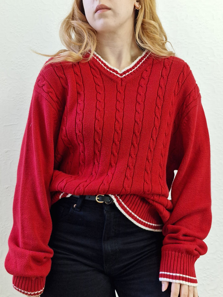 Vintage Cotton Cable Knit Red Jumper with V Neck - L