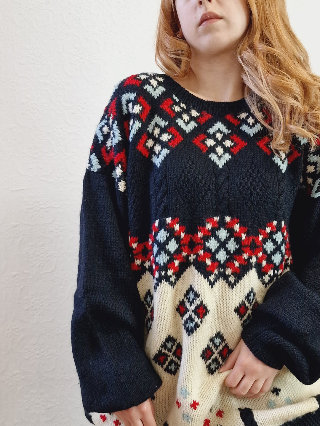 Vintage 80s Black & Cream Geometric Patterned Jumper with Crew Neck - XL