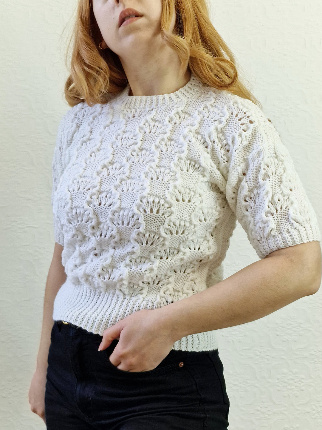 Vintage 80s White Round Neck Handknitted Jumper Top with Short Sleeves - XS