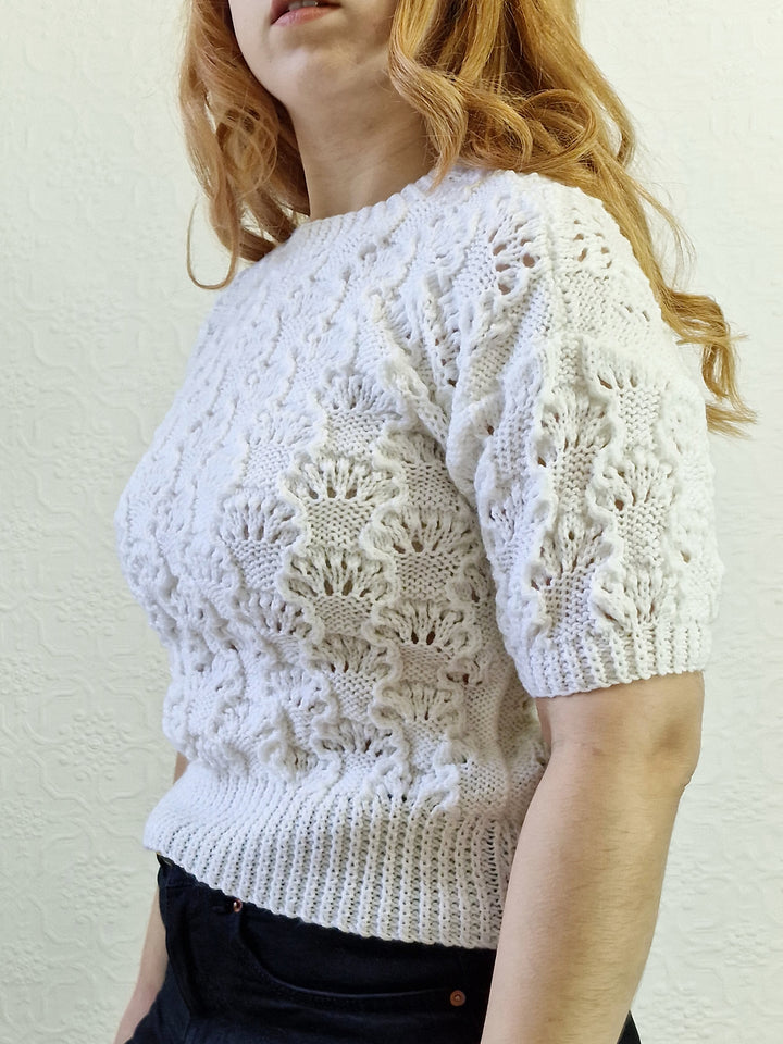 Vintage 80s White Round Neck Handknitted Jumper Top with Short Sleeves - XS