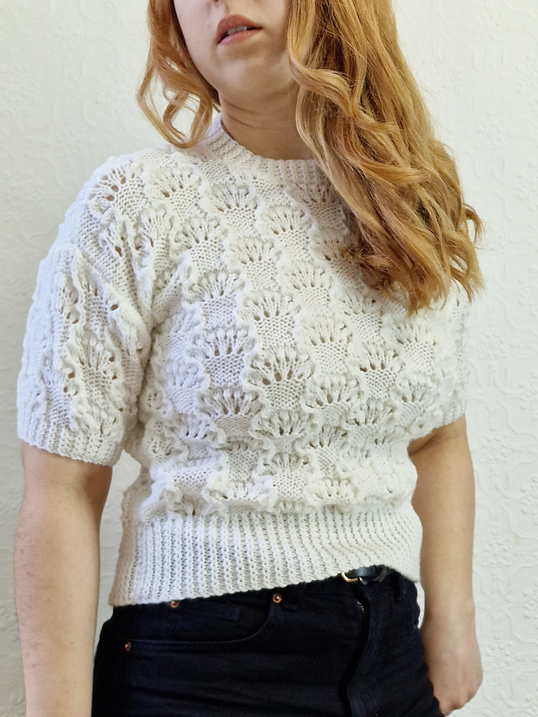 Vintage 80s White Round Neck Handknitted Jumper Top with Short Sleeves - XS