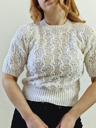 Vintage 80s White Round Neck Handknitted Jumper Top with Short Sleeves - XS