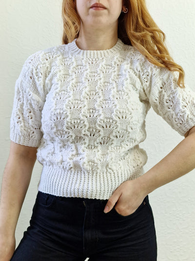 Vintage 80s White Round Neck Handknitted Jumper Top with Short Sleeves - XS