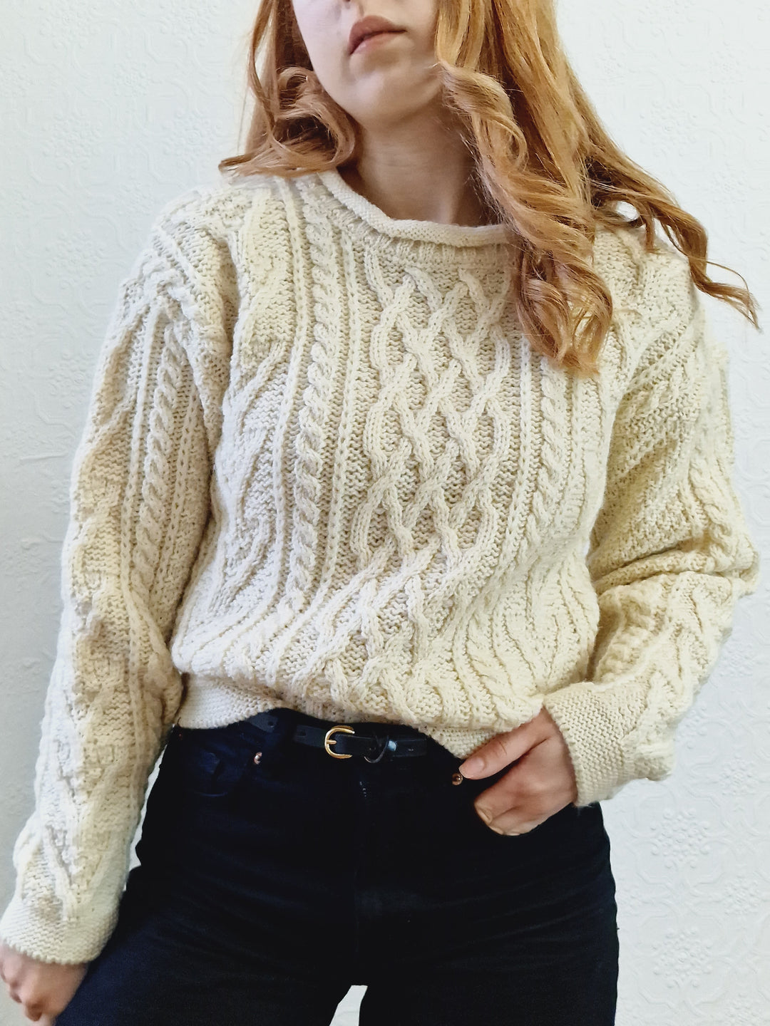 Vintage Crew Neck 100% Wool Handknitted Aran Jumper - S/M