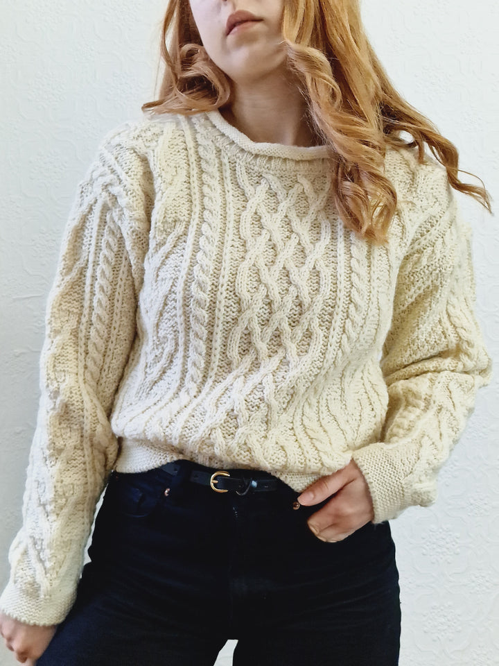 Vintage Crew Neck 100% Wool Handknitted Aran Jumper - S/M