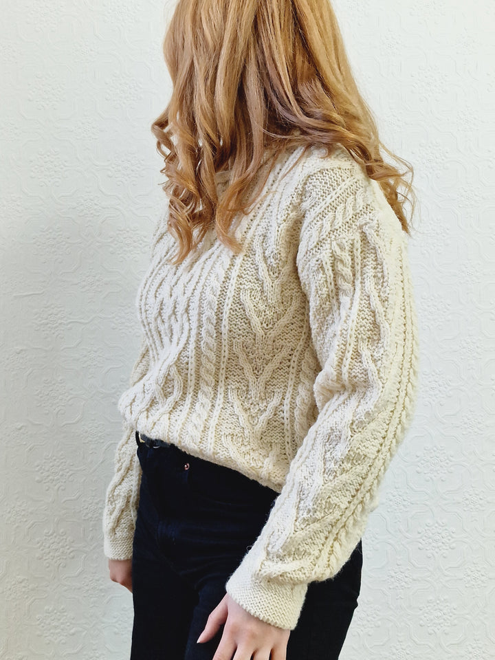 Vintage Crew Neck 100% Wool Handknitted Aran Jumper - S/M