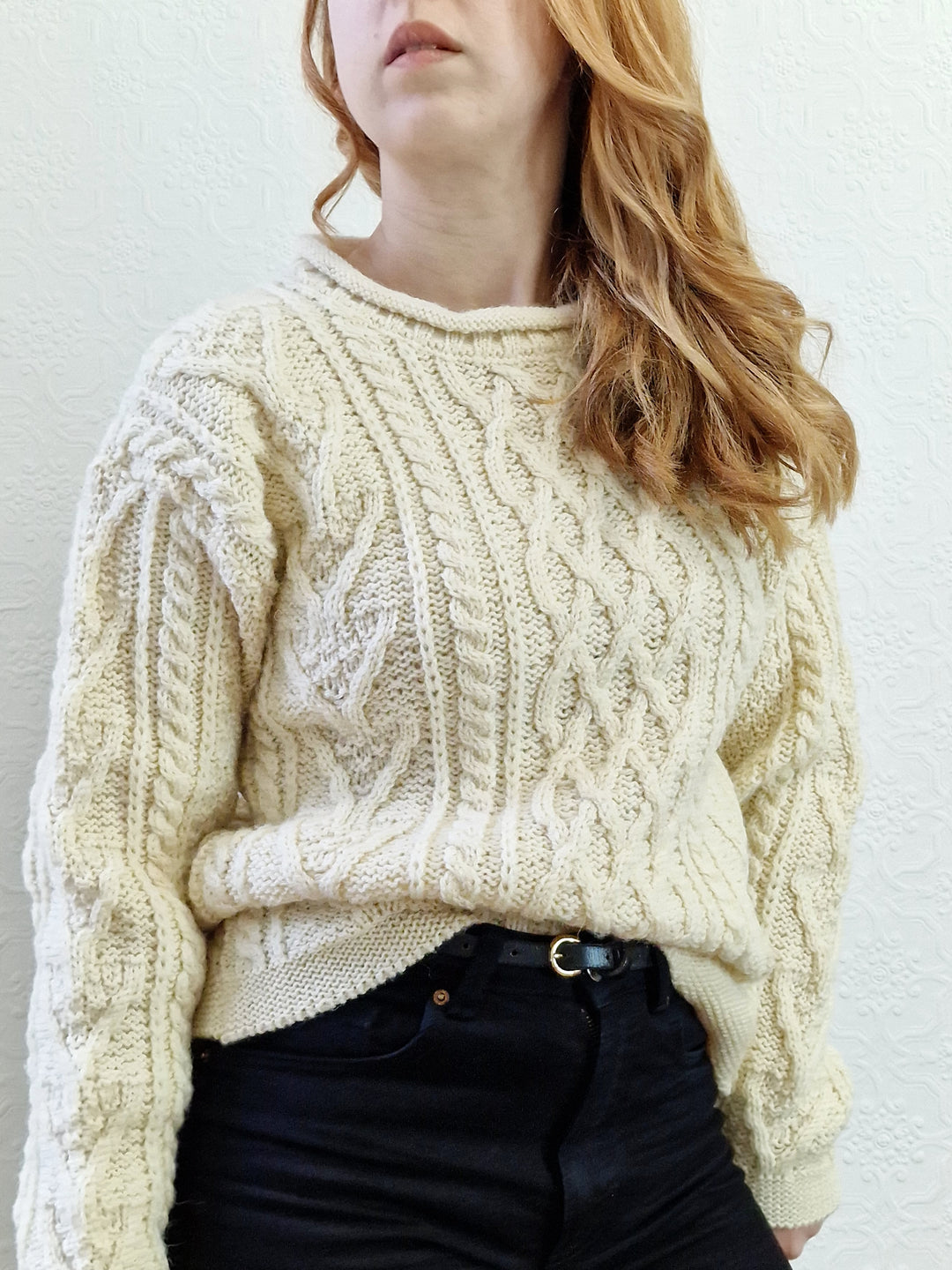 Vintage Crew Neck 100% Wool Handknitted Aran Jumper - S/M