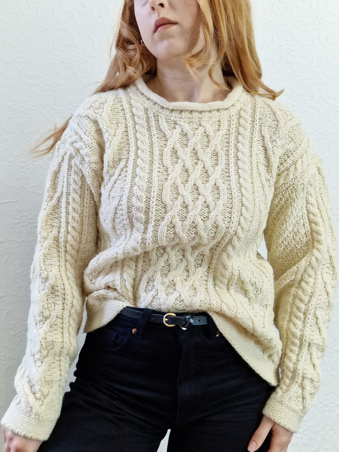 Vintage Crew Neck 100% Wool Handknitted Aran Jumper - S/M