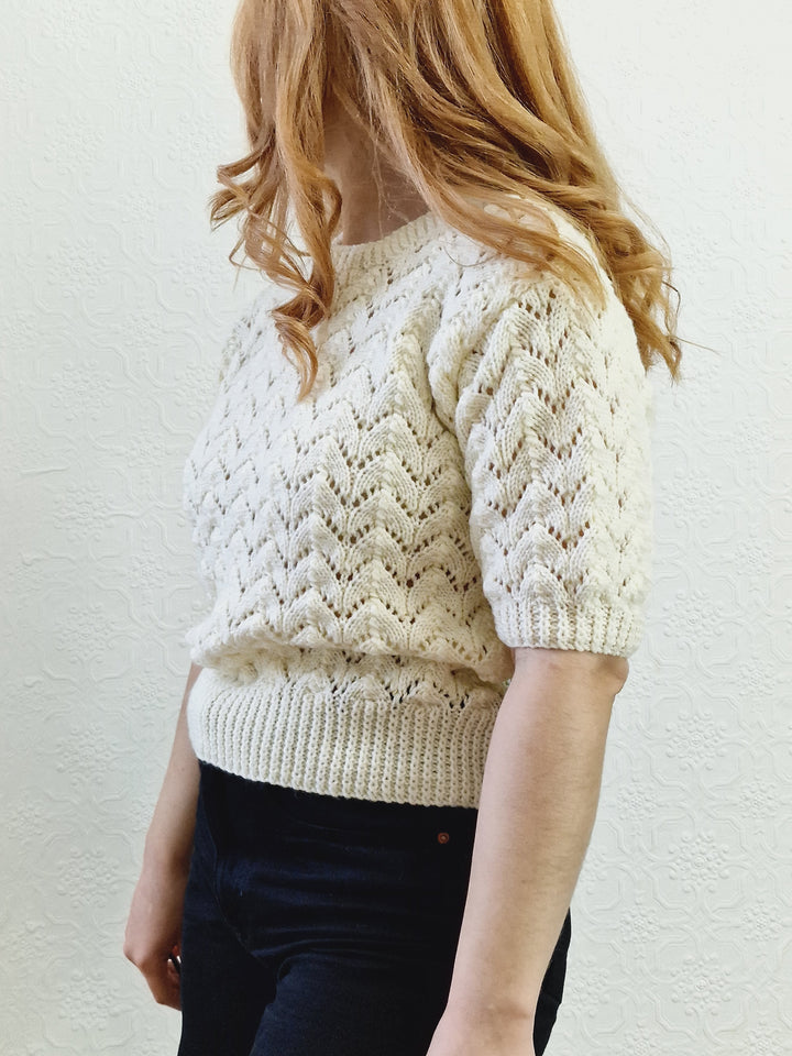 Vintage 80s Cream Crew Neck Handknitted Jumper Top with Short Sleeves - S