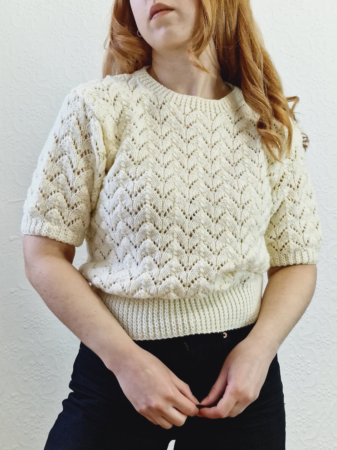 Vintage 80s Cream Crew Neck Handknitted Jumper Top with Short Sleeves - S