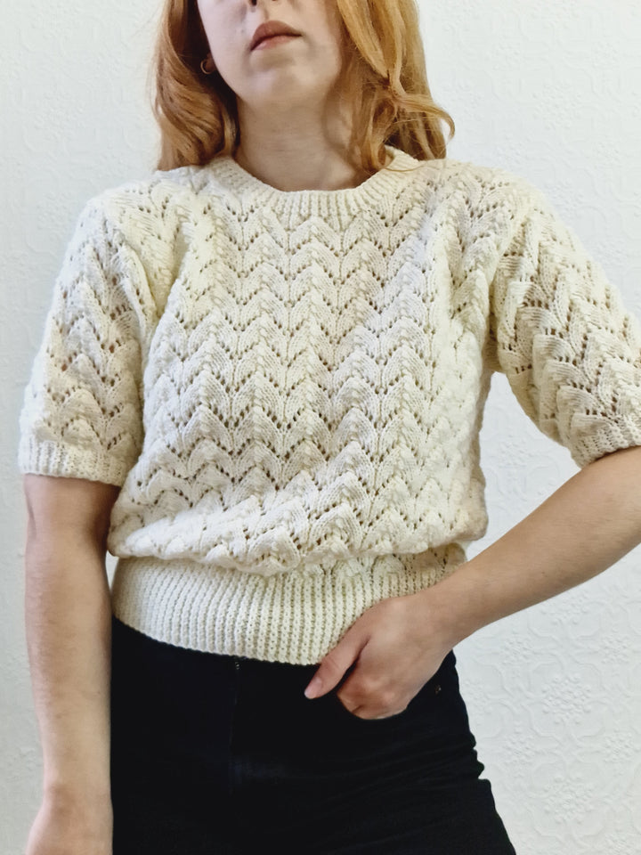 Vintage 80s Cream Crew Neck Handknitted Jumper Top with Short Sleeves - S