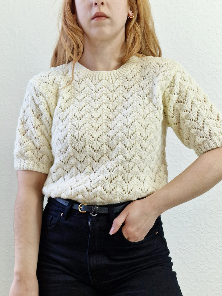 Vintage 80s Cream Crew Neck Handknitted Jumper Top with Short Sleeves - S