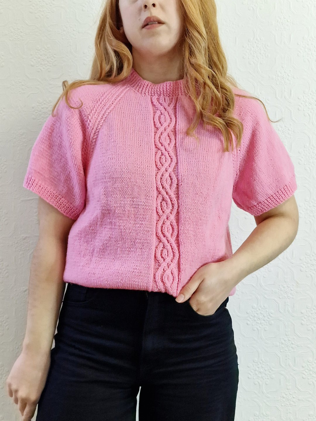 Vintage 80s Bubblegum Pink Round Neck Handknitted Jumper with Short Sleeves - S