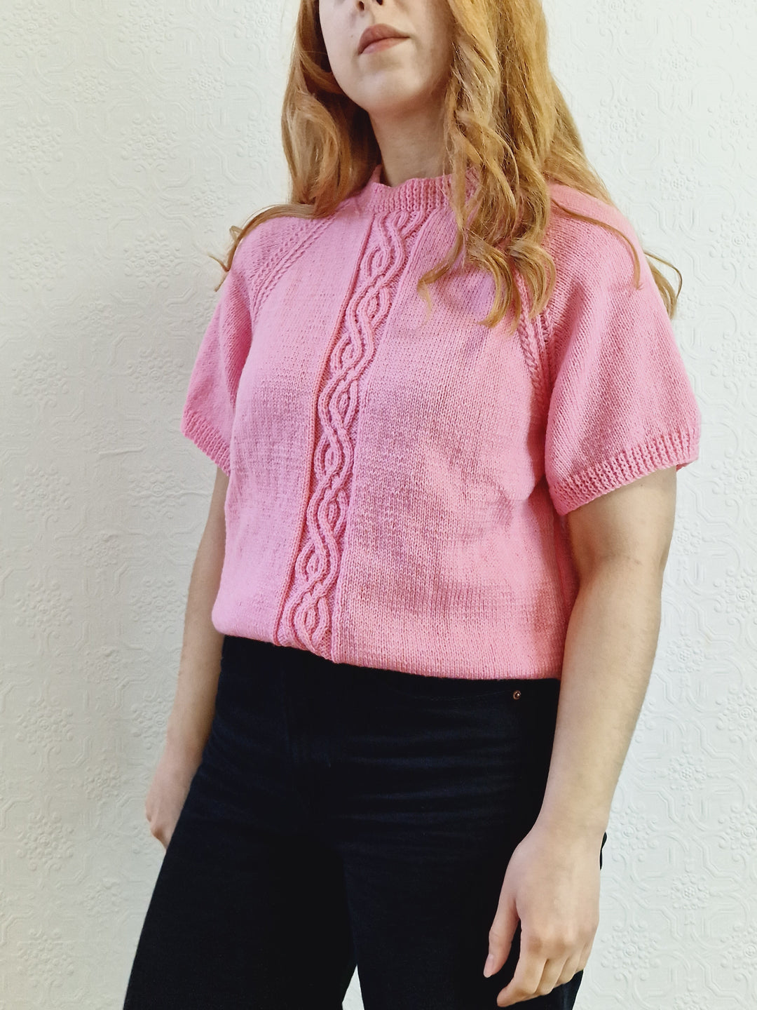 Vintage 80s Bubblegum Pink Round Neck Handknitted Jumper with Short Sleeves - S